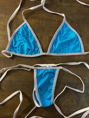 NWOT Sexy Skimpy Handmade Blue Rainbow Sparkle Triangle Top Thong Bottom Bikini